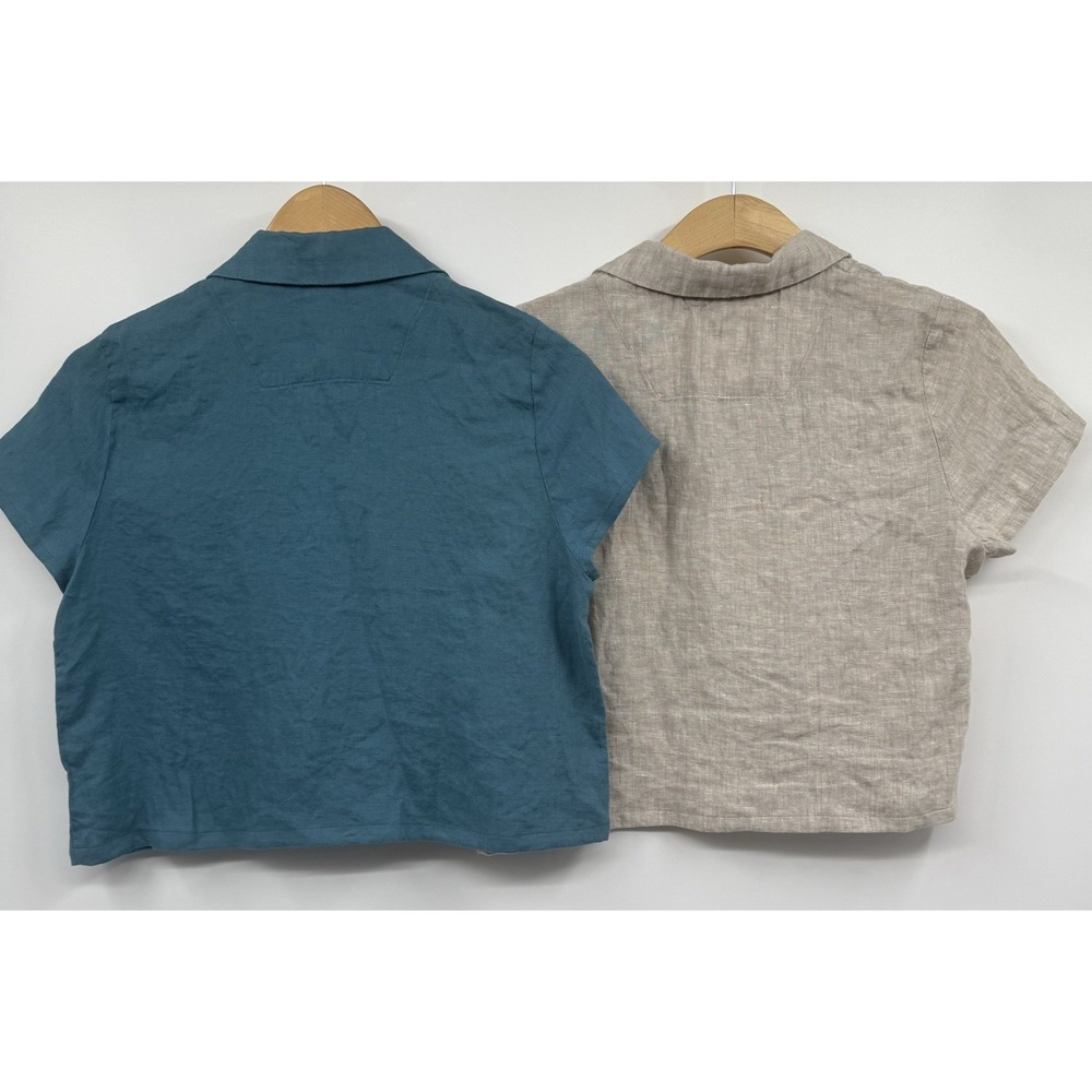 Quince Lot of 2 100% European Linen Short Sleeve Shirt XS Cropped Teal & Tan - Picture 2 of 10